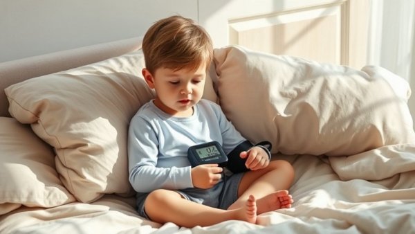 Child measuring blood pressure at home, childhood hypertension screening concept.