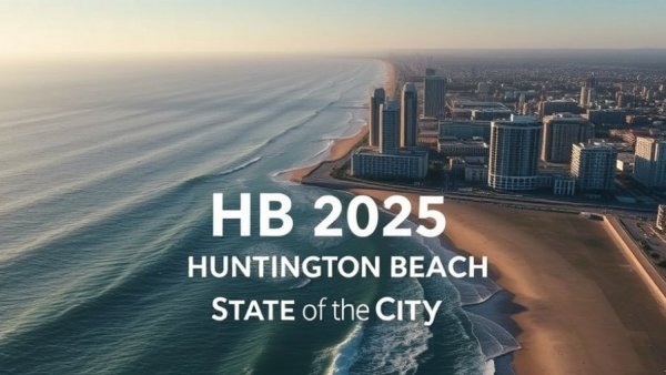 Arial view of Huntington Beach with 2025 State of the City logo.