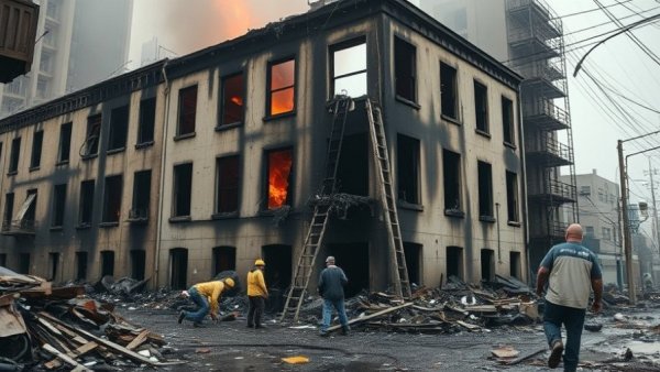 Casa Sanchez fire aftermath with workers in Long Beach