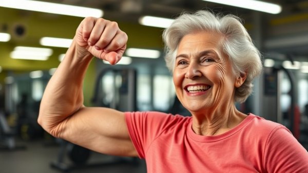 Elderly woman flexing in gym demonstrating exercise for healthy aging.