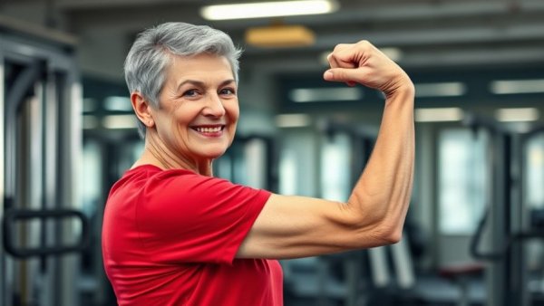 Elderly woman exercising to age well and enhance longevity, flexing muscle.