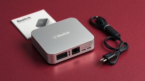 Beelink EQi13 Pro Mini PC Review - device with cables and manual on red surface.
