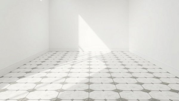 Modern tile floor in small room for adding a bathroom without breaking concrete.