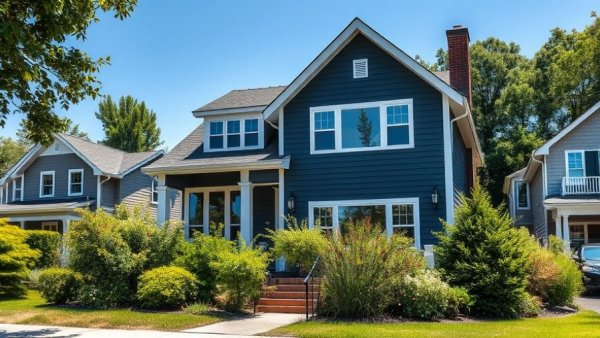 Modern big little house with lush surroundings and neighboring homes.