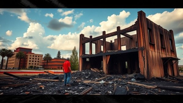 Charred building aftermath at Casa Sanchez restaurant fire.