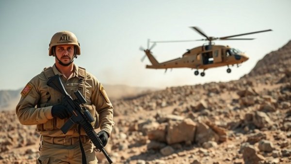 Military personnel in desert with helicopter overhead.