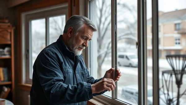Man upgrading vintage windows in a cozy room with snow outside.