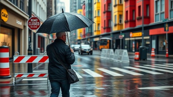 Long Beach rain forecast: man with umbrella on wet street.