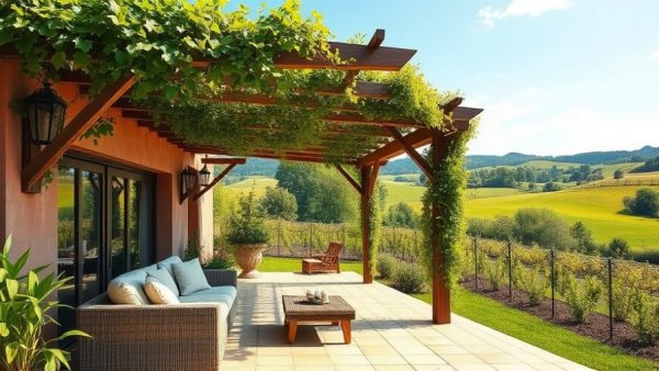 Charming patio with attached pergola design and cozy seating.