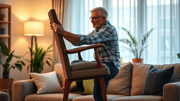 Chair standing techniques for seniors demonstrated by a middle-aged man in a cozy living room.
