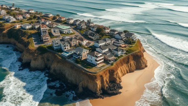 Coastal California housing on cliffs showcasing erosion and ocean