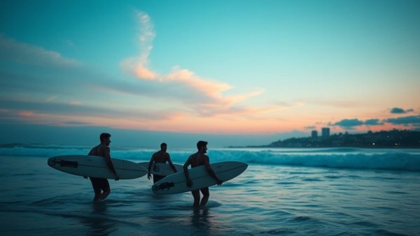 Surfers walking towards ocean at twilight with boards, city in background.