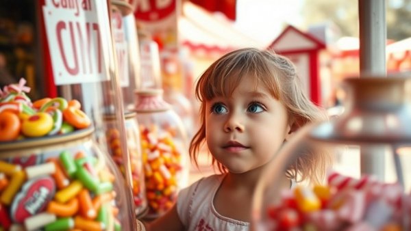 Nostalgic penny candy display with excited young girl.