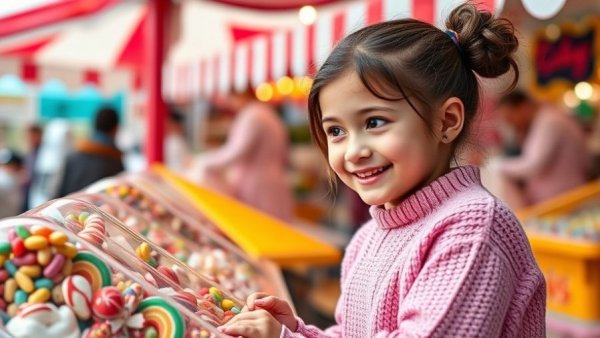 Young girl admiring candy display at an outdoor fair, end of penny candy.