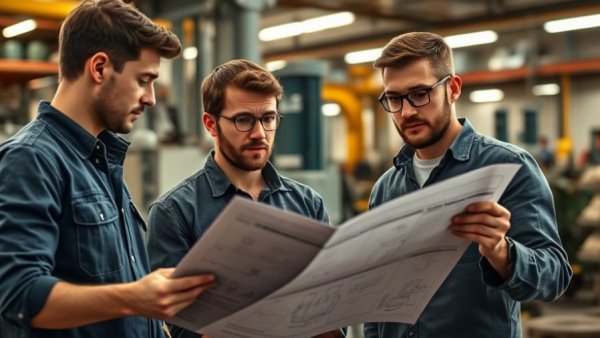 Young engineers reviewing blueprints in an industrial workshop, apprenticeships for engineering graduates.