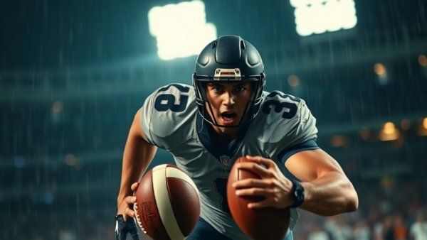 Santa Margarita football player in action under rain at night.