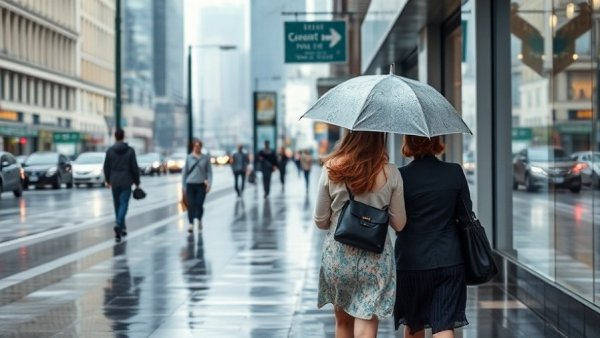 People walking in rain in Long Beach, showcasing the wet cityscape.