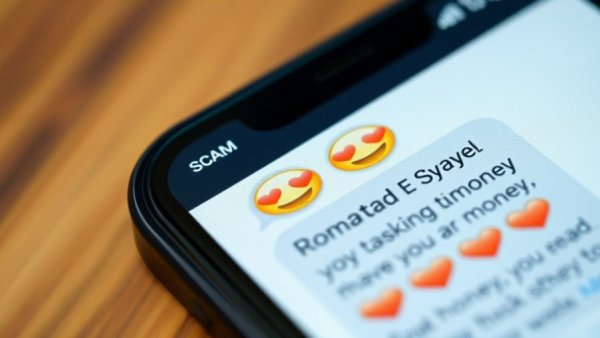 Scam message on smartphone screen, romantic emojis ask for money, scams targeting seniors.