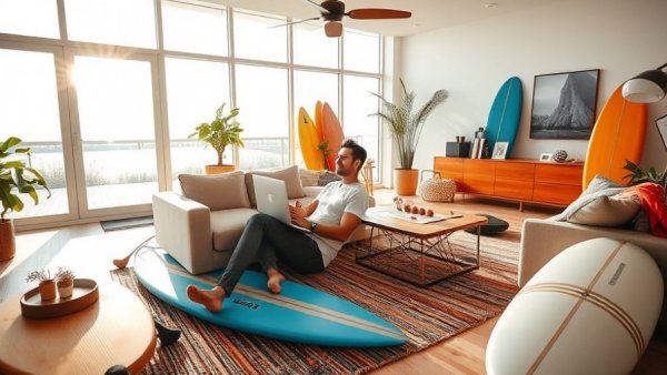 Relaxed man in surf-themed living room with surfboards, capturing emotional connection to surfboards.