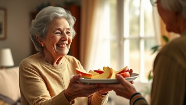 Elderly woman smiling receiving healthy snack, apple slices.
