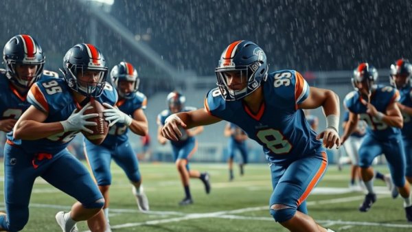 Orange County football rankings scene with players in rain.