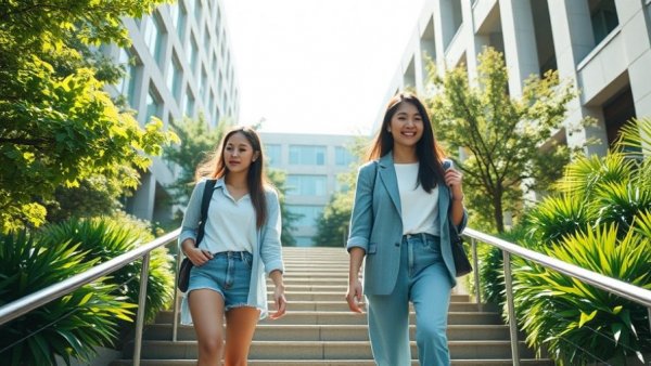 Two women walking on Cal State campus steps, sunny day.