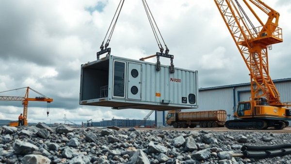 Merit crane operation displaying construction module, cloudy sky.