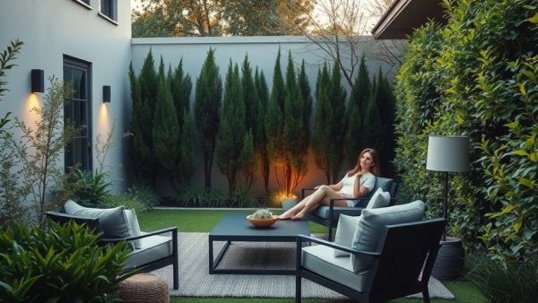 Modern small backyard transformation with stylish seating and greenery.