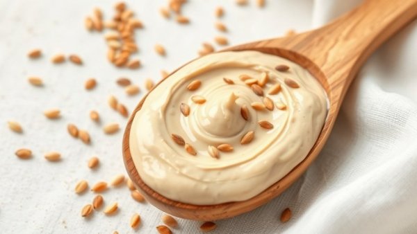 Close-up of tahini jar and sesame seeds for Sesame Allergy Study Methods.