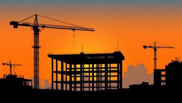 Stylized construction site and rising graph depicting Construction Economy in 2026.