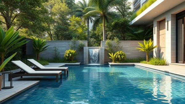 Modern outdoor pool area, perfect home addition for 2025.