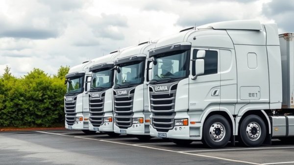 Series of parked Scania trucks representing Holcim UK acquisitions expansion.