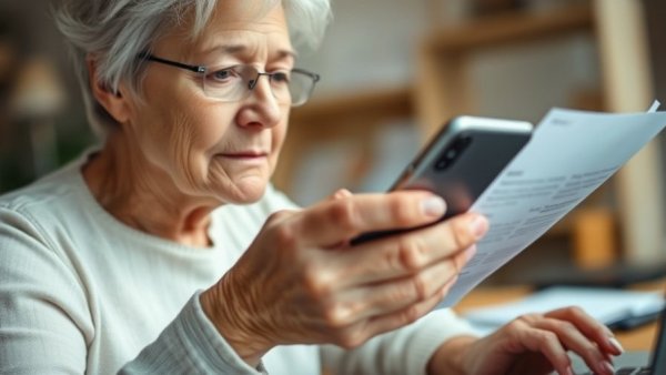 Senior woman using smartphone, evaluating mobile phone plans.