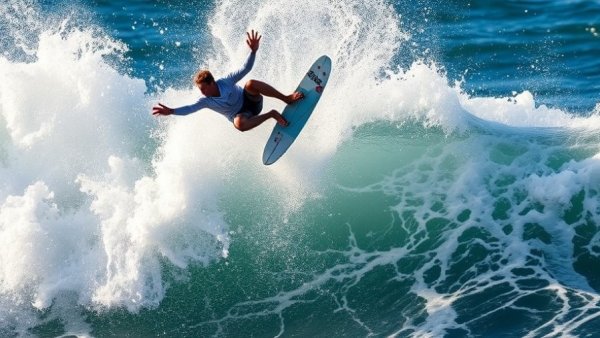 Surfer performing aerial trick on waves, National Governing Body USA Surfing.