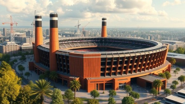 Conceptual Birmingham City Powerhouse Stadium with industrial design.