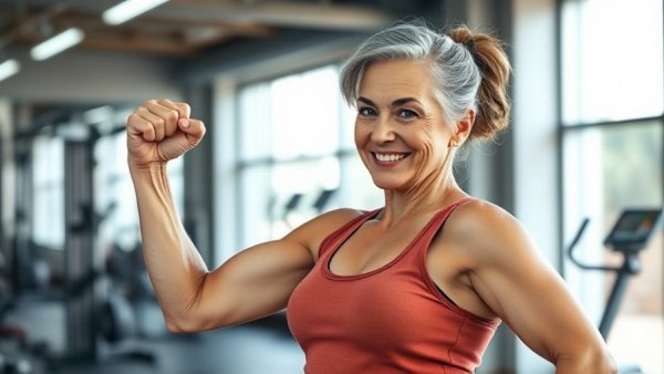 Benefits of swimming for seniors: Energetic senior woman flexing muscle in gym.
