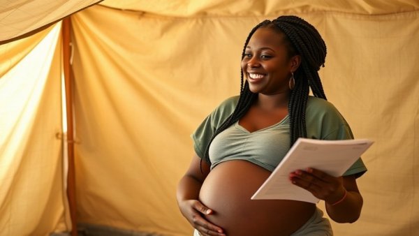 Healthcare worker supporting a pregnant woman in a tent, reducing maternal infection risk.