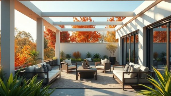 Modern outdoor patio with luxurious seating and lush greenery, showcasing outdoor living area designs.