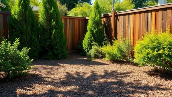 Budget-friendly backyard with wooden mulch and shrubs.