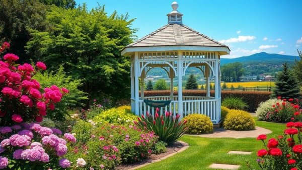 Serene gazebo in vibrant garden landscape with no grass.