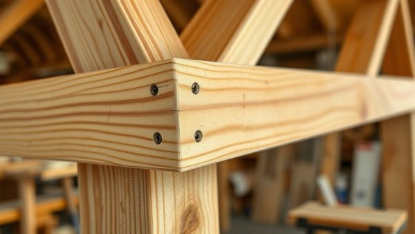 Close-up of spruce timber structure in workshop, showcasing craftsmanship.