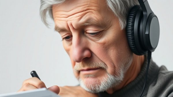 Creative procrastination for seniors: thoughtful older man with headphones writing.