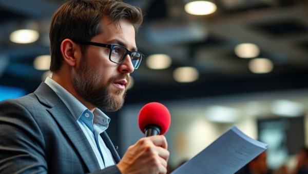 Journalist covering latest medical news with microphone and notepad.
