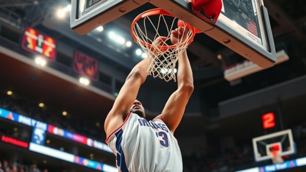 High school basketball player dunking in action close-up.