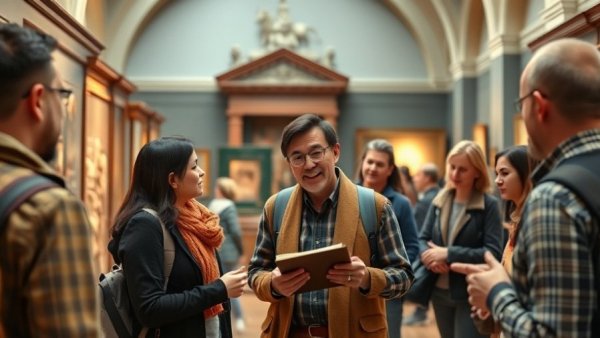 Museum docent engaging visitors during a tour.