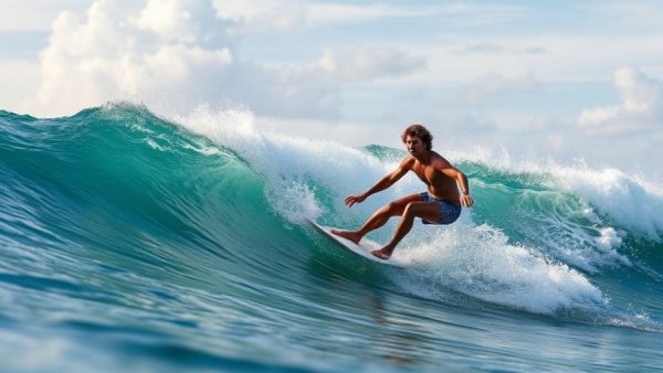 Surfer skillfully riding a wave under a vibrant, cloudy sky.
