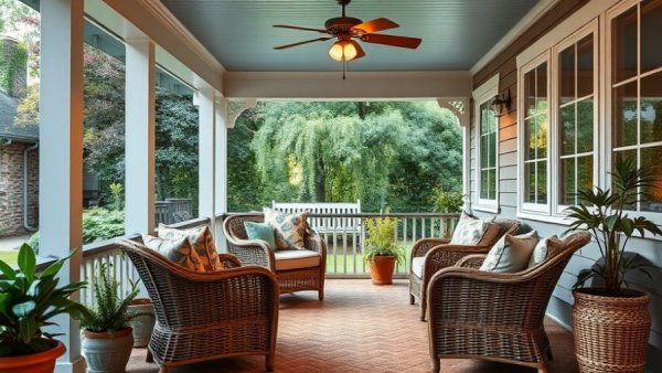 Elegant front porch seating with wicker chairs, vibrant decor, inviting ambiance.
