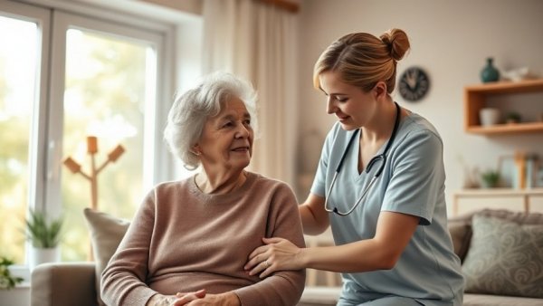 Family caregivers in a health system support setting, young woman assisting elder.