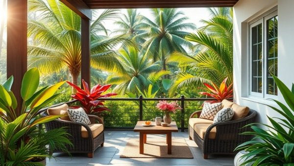 Vibrant raised patio design with cozy seating and tropical greenery.