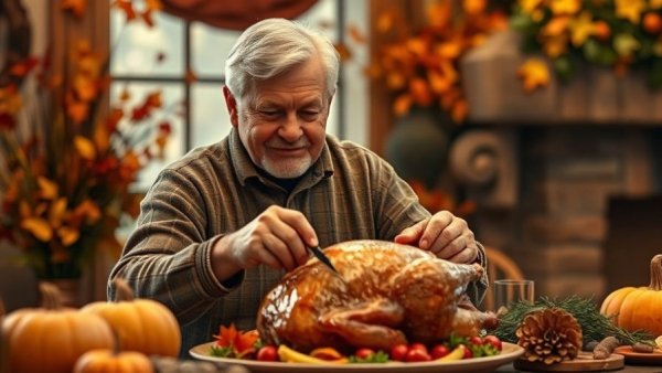 Thanksgiving celebration at Sagora Senior Living with elder carving turkey.